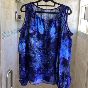 Elie Tahari Silk Cold Shoulder Blouse Royal Blue/Black Tassel Ties Elastic Neck